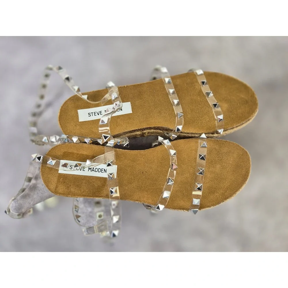 Steve Madden Kailee Clear Studded Espadrille Platform Wedge Sandals Mens 9.5